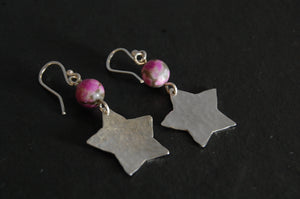 Small Round-Hammered Silver Star Earrings - Drop with Bead